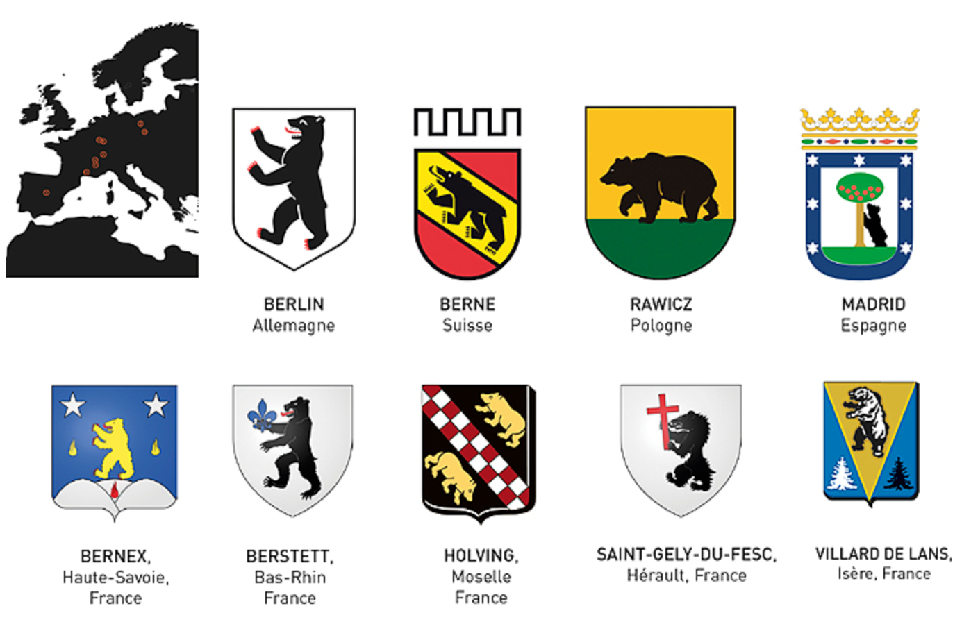 L’ours, emblème - Son prestige est tel qu’il donne son nom à différentes cités et apparaît sur de nombreux blasons, comme l’atteste sa présence dans l’art héraldique.